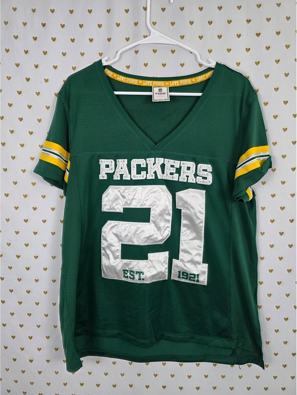 VS PINK Green Bay Packers 21 Jersey L NFL Rhinestone BLING 5th & Ocean